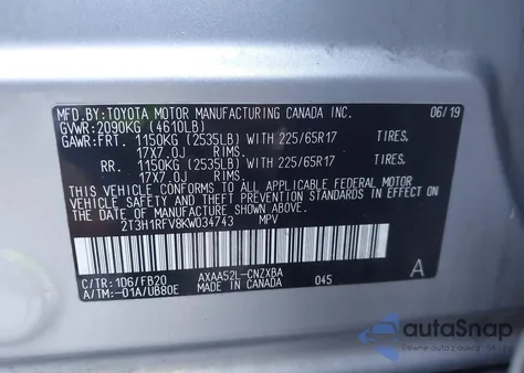 2019 Toyota Rav4 Le z USA, uszkodzony, nr VIN 2T3H1RFV8KW034743